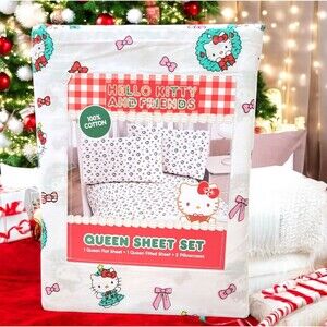 Sanrio Hello Kitty Queen Sheet Set Christmas Wreaths & Bows Cotton Bedding New